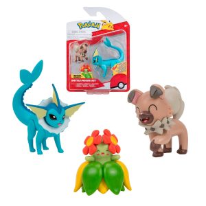 Pokemon – set 3 figuras Vaporeon – Rockruff y Bellossom